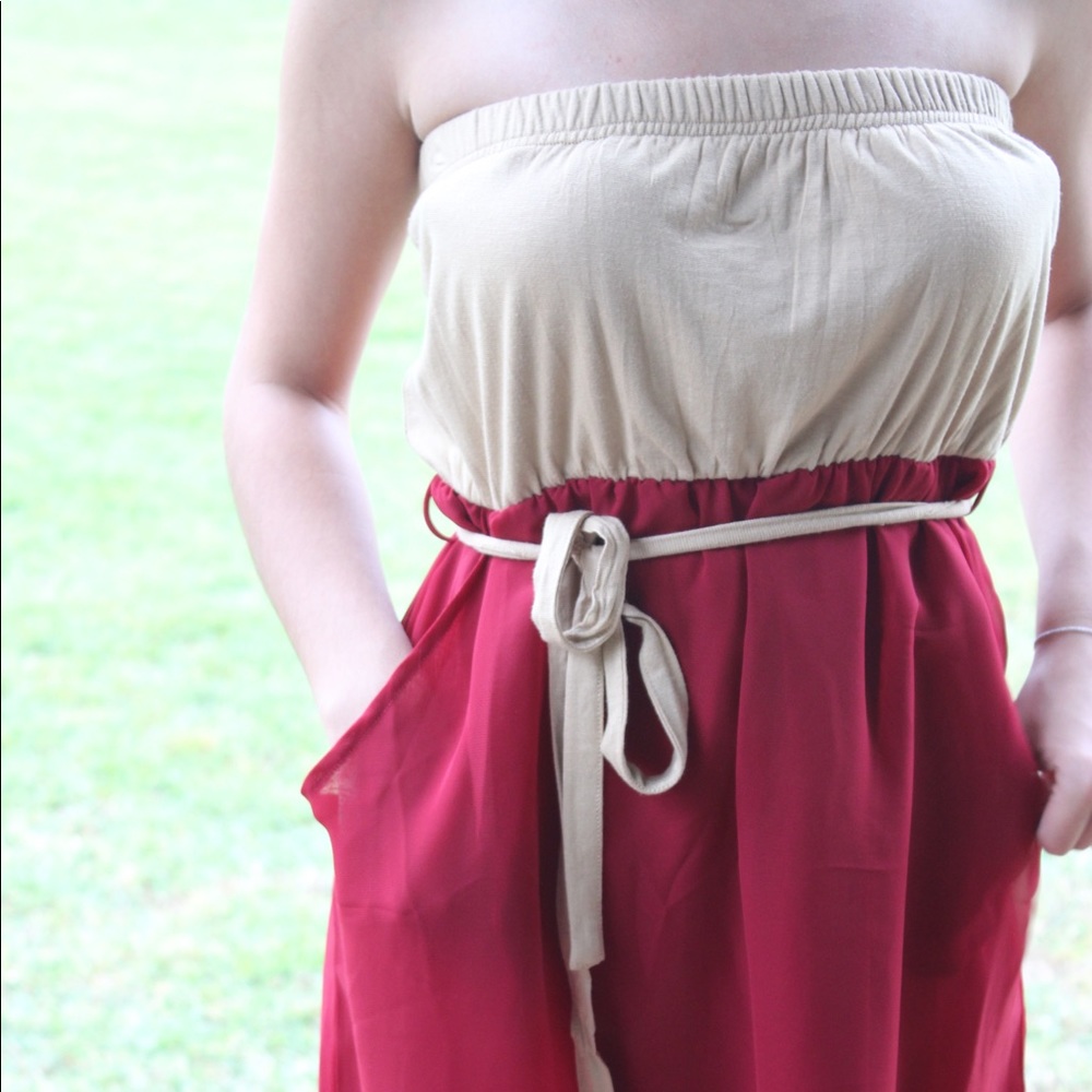 Strapless red and tan dress